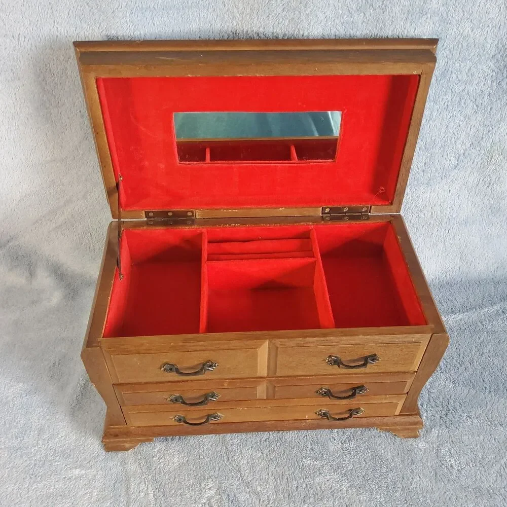 Vintage Wooden Jewelry Armoire Chest Storage Box Red Velvet Lining Made in Japan
